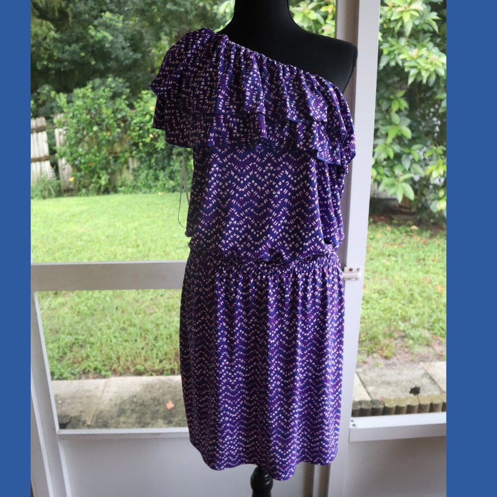 MICHAEL KORS Dress size L Blue Purple, One Shoulder Ruffle Elastic Waist